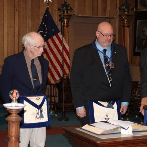 PM WB Keith McIntosh and PM WB Phil Smith being sworn in as the Senior and Junior Deacons respectivly.